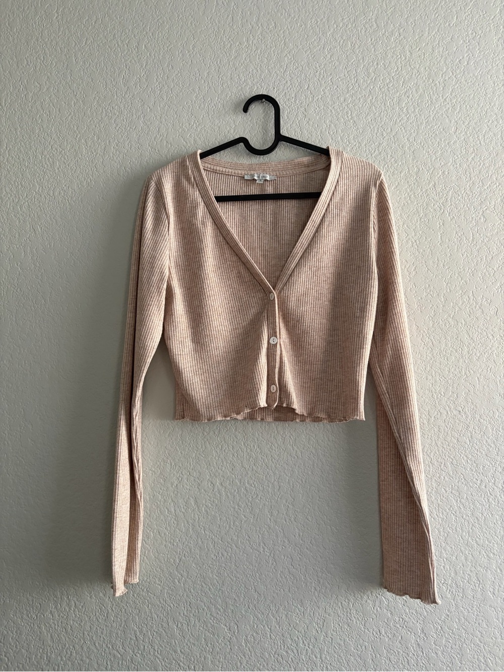 Love Tree Ribbed V-Neck Cropped Cardigan - Light Beige